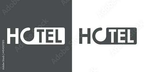 Logotipo con texto Hotel con forma de cartel de no molestar en fondo gris y fondo blanco