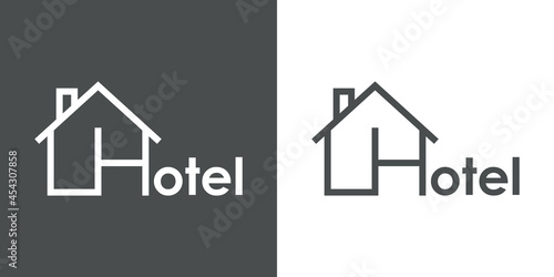 Logotipo con texto Hotel con letra inicial H con forma de silueta de casa en fondo gris y fondo blanco