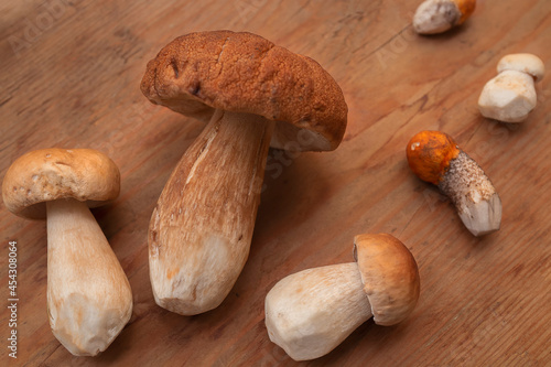 A closeup shot of five mushrooms against a wooden background by summer day