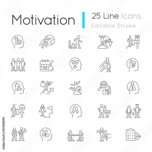 Motivation linear icons set . Goal accomplishment. Intrinsic, extrinsic motivation. Force to achieve aim. Customizable thin line contour symbols. Isolated vector outline illustrations. Editable stroke