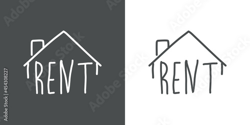 Real Estate. Alquiler de inmuebles. Logotipo con texto manuscrito Rent escrito a mano con tejado con lineas en fondo gris y fondo blanco