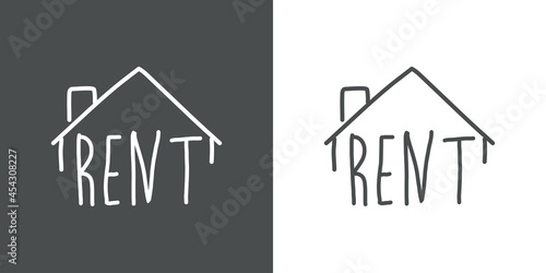 Real Estate. Alquiler de inmuebles. Logotipo con texto manuscrito Rent escrito a mano con tejado con lineas en fondo gris y fondo blanco
