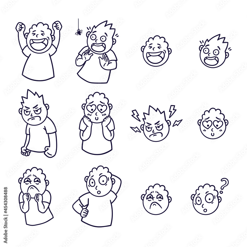 Round abstract face with different emotions. Happy, angry, questioning, scared, sorrow, falling in love emoji avatar. Cartoon style. Flat design vector illustration. Round abstract face with different emotions. Happy, angry, questioning, scared, sorrow, falling in love emoji avatar. Cartoon style. Flat design vector illustration.