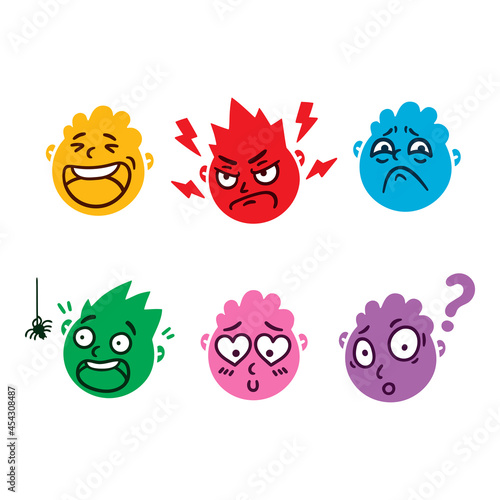 Round abstract face with different emotions. Happy, angry, questioning, scared, sorrow, falling in love emoji avatar. Cartoon style. Flat design vector illustration.