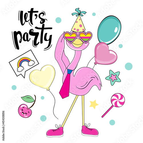 Funny flamingo in a birthday cap and balloons. Vector cartoon illustration isolated. Birthday card