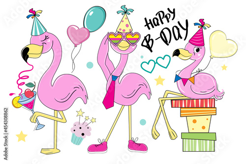 Set of summer flamingo stickers and lettering Happy Birthday. Vector illustration of funny cartoon animals for t-shirt, greeting card, baby shower