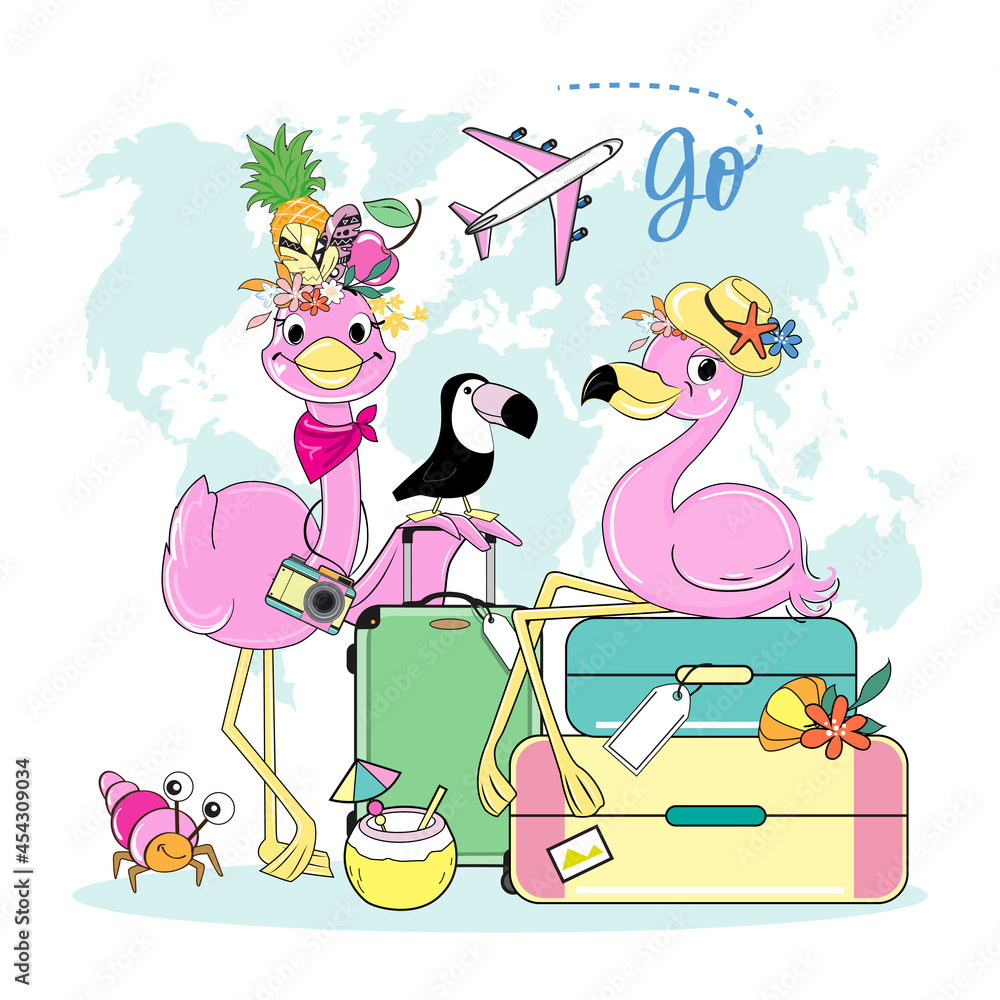 Two summer flamingos with suitcases. Vector illustration of cartoon animals travelers. T-shirt design for kids Two summer flamingos with suitcases. Vector illustration of cartoon animals travelers. T-shirt design for kids