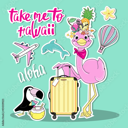 Summer stickers with flamingo and suitcase. Vector illustration for kids t-shirt design. Vacation and travel concept