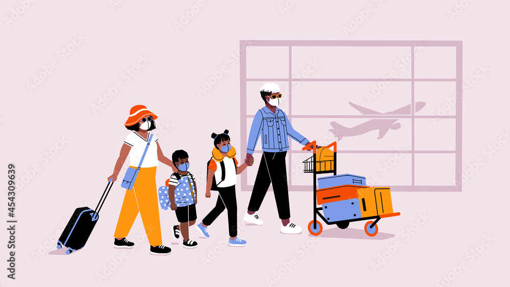 Family airport traveling wearing face masks. Parents and children flying with luggage. Queer family mom and non binary family with boy and girl at terminal with airplane in the background. Family airport traveling wearing face masks. Parents and children flying with luggage. Queer family mom and non binary family with boy and girl at terminal with airplane in the background.