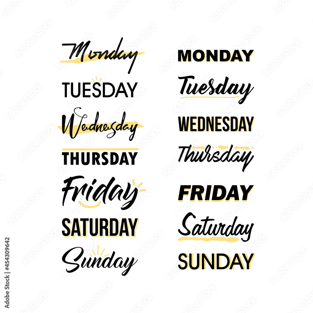 Text in Spanish: Monday, Tuesday, Wednesday, Thursday, Friday, Saturday,  Sunday. Lettering. Calligraphy Vector Illustration. Lunes Stock  Illustration - Illustration of event, everyday: 122103522