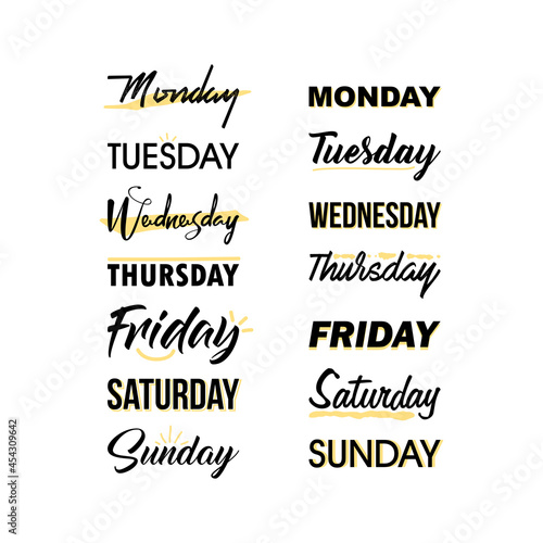 Hand Lettering Days of Week Monday, Tuesday, Wednesday, Thursday, Friday, Saturday, Sunday. Modern Calligraphy Isolated on White Background. illustration. Handlettering for schedule