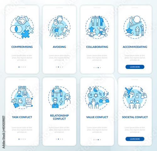 Conflict management blue onboarding mobile app page screen set. Work relations walkthrough 4 steps graphic instructions with concepts. UI, UX, GUI vector template with linear color illustrations
