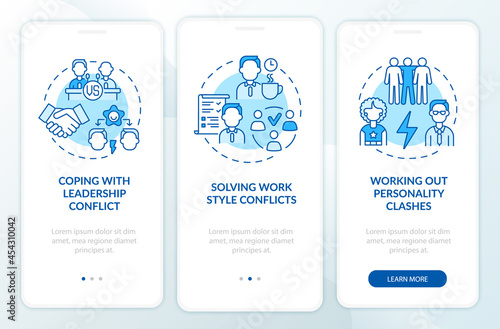 Dealing with team conflicts blue onboarding mobile app page screen. Work relations walkthrough 3 steps graphic instructions with concepts. UI, UX, GUI vector template with linear color illustrations