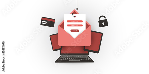 Internet Phishing, Account Hacking Attempt by Malicious Email - Hacker Activity, Data Theft, Hacked, Stolen Login Credentials and Password, Cyber Crime and Network Security Vector Concept Illustration