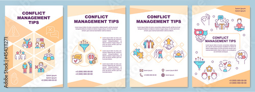 Conflict management tips brochure template. Human relations. Flyer, booklet, leaflet print, cover design with linear icons. Vector layouts for presentation, annual reports, advertisement pages