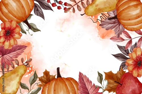 autumn fall leaf, pumpkin, pear, and apple for background floral frame