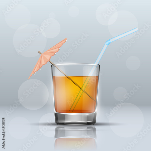Glass cold drink alcohol & straw. Bright soda & umbrella. A glass of lemonade or fruit juice with umbrella. Cold iced tea. Bar with a glass of cocktail fizzy water drink with straw