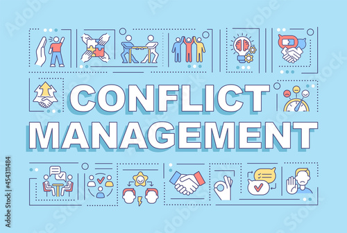Conflict management word concepts banner. Handling relationships at work. Infographics with linear icons on blue background. Isolated creative typography. Vector outline color illustration with text