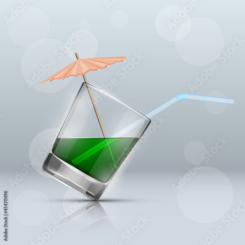 Glass cold drink alcohol & straw. Bright soda & umbrella. A glass of lemonade or fruit juice with umbrella. Cold iced tea. Bar with a glass of cocktail fizzy water drink with straw