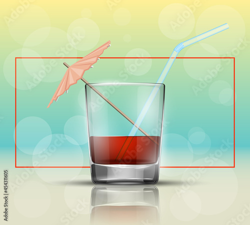 Glass cold drink alcohol & straw. Bright soda & umbrella. A glass of lemonade or fruit juice with umbrella. Cold iced tea. Bar with a glass of cocktail fizzy water drink with straw