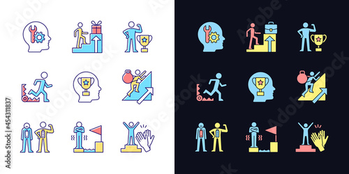 Strong motivation light and dark theme RGB color icons set. Fear of failure. Desire for recognition, approval. Isolated vector illustrations on white and black space. Simple filled line drawings pack