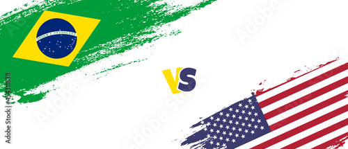Creative Brazil vs United States of America brush flag illustration. Artistic brush style two country flags relationship background