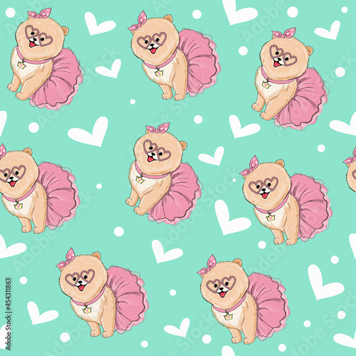 Beautiful little spitz dog girl seamless pattern. Vector cartoon illustration for kids t-shirt design. Birthday card