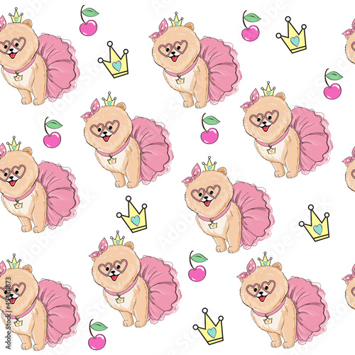 Beautiful little spitz dog girl with crown seamless pattern. Vector cartoon illustration for kids t-shirt design. Birthday card