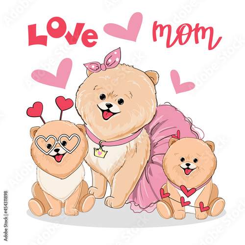 Beautiful spitz family mom and children and lettering love mom. Vector illustration cartoon animals postcard