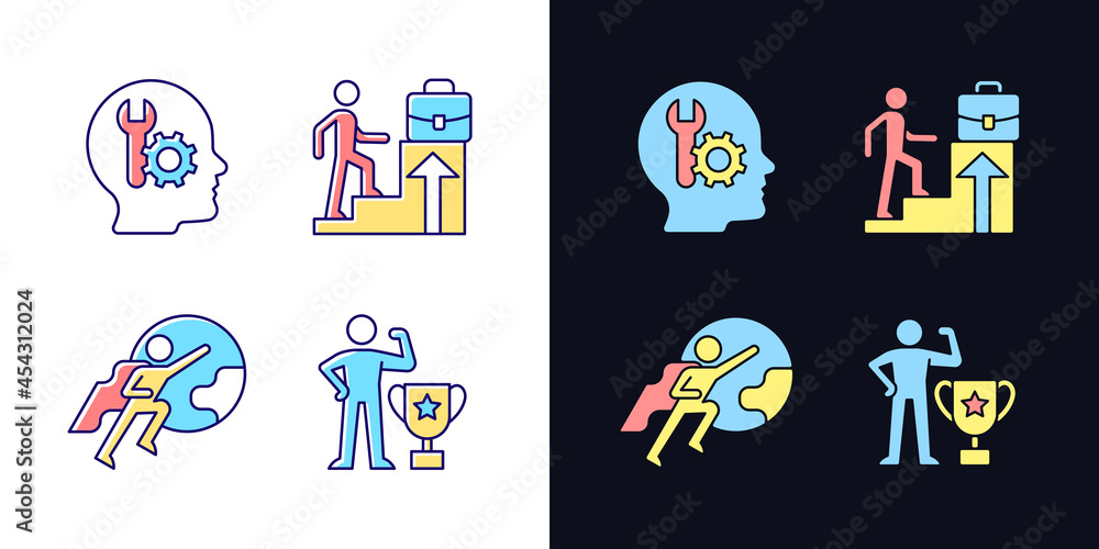 Fototapeta premium Motivation at work light and dark theme RGB color icons set. Competence motivation. Dream of job promotion. Isolated vector illustrations on white and black space. Simple filled line drawings pack