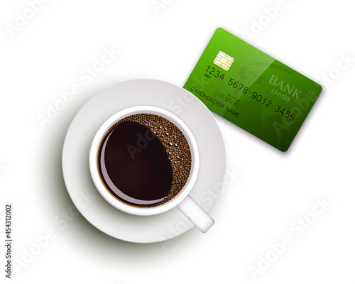Cup of coffee on warfare dish, bank chip card. Breakfast image, top view. Morning drink coffe and plastic credit card. Hot coffee cup on white platter, debit card top banner. cashless payment