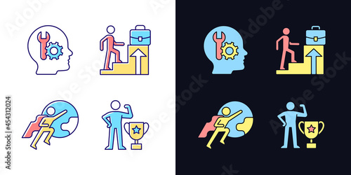 Motivation at work light and dark theme RGB color icons set. Competence motivation. Dream of job promotion. Isolated vector illustrations on white and black space. Simple filled line drawings pack