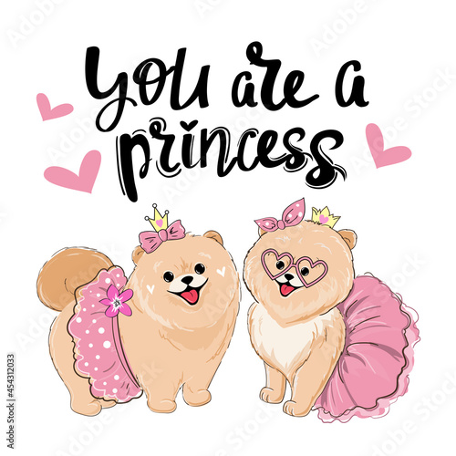 Beautiful two little spitz dogs girl and the inscription you are a princess. Vector cartoon illustration for kids t-shirt design