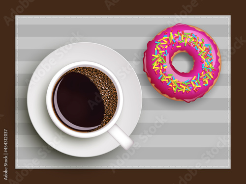 Cup of coffee on warfare dish, donut in glaze. Breakfast image, top view. Morning drink with sweetness. Hot coffee cup on white platter, donut glaze. Light snack top banner. Still life dessert