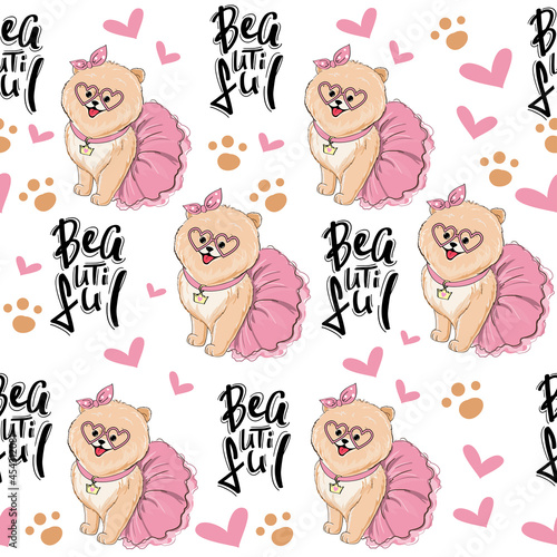 Beautiful little spitz dog girl and the inscription beautiful seamless pattern. Vector cartoon illustration for kids t-shirt design. Birthday card