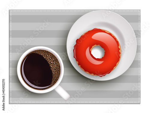 Cup of coffee on warfare dish, donut in glaze. Breakfast image, top view. Morning drink with sweetness. Hot coffee cup on white platter, donut glaze. Light snack top banner. Still life dessert