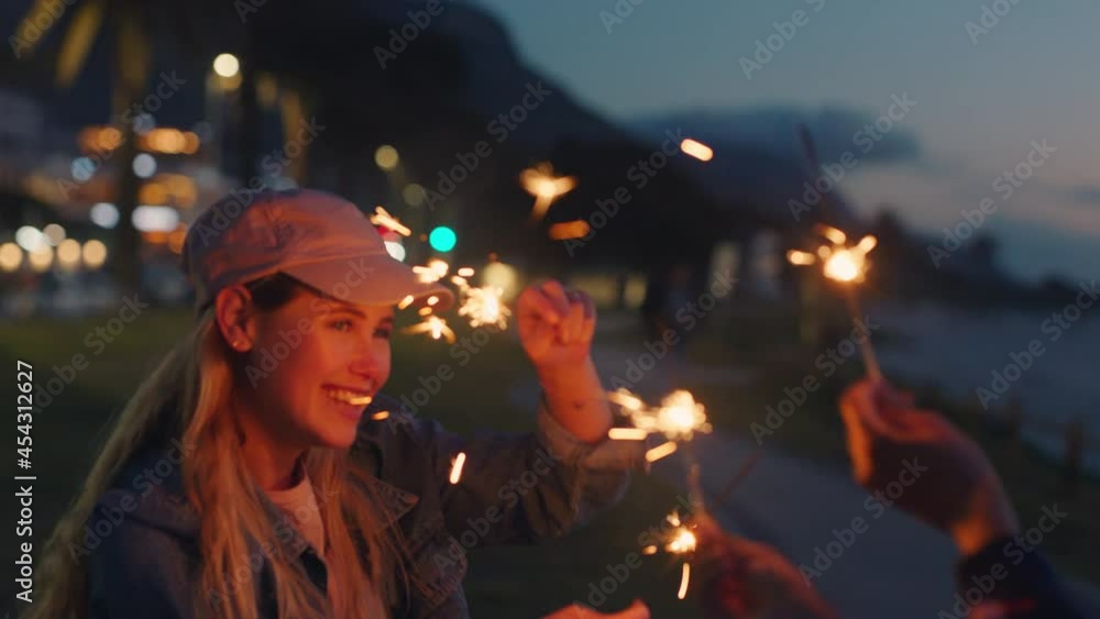 friends playing with sparklers celebrating new years eve teenage girls dancing having fun evening with sparkler fireworks sharing celebration at night friends playing with sparklers celebrating new years eve teenage girls dancing having fun evening with sparkler fireworks sharing celebration at night