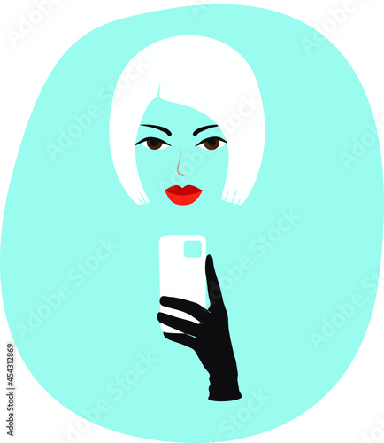 The blonde takes a selfie. A young girl in a black glove holds a smartphone in her hands. Flat illustration. Avatar. Vector.