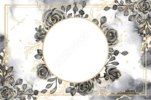 rose black and gold watercolor background floral frame with white space