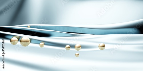 Fototapeta Naklejka Na Ścianę i Meble -  shiny blue silk with gold pearls sparkling surface 3D illustration