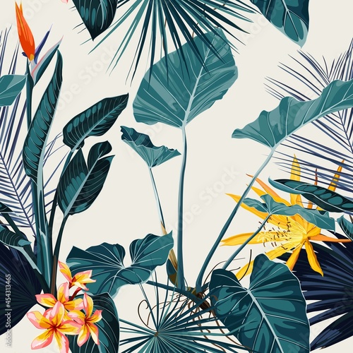 Tropical vintage  palm, monstera, plant, strelitzia orange flowers floral seamless border pink background. Exotic vintage jungle wallpaper.