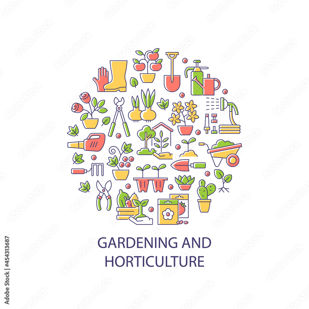 Gardening and horticulture abstract color concept layout with headline. Horticulture creative idea. Seedling in backyard. Horticulture. Isolated vector filled contour icons for web background