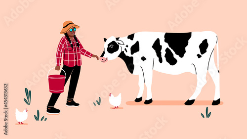 Livestock farmer with cow and chicken. Happy rancher with animal farm. organic free range husbandry with woman raising animal stock.