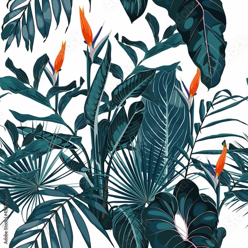 Tropical vintage  palm, monstera, plant, strelitzia flowers floral seamless border pink background. Exotic white jungle wallpaper.