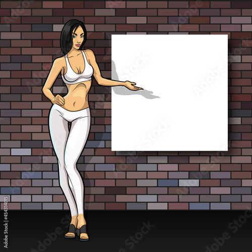 Slim girl on the background of an empty banner. Sexy woman in front of school board banner. Elegant lady on the background of pure advertising poster