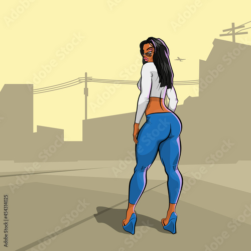Girl at day in light on street city banner. Drawn nice woman. Painted sexy girl brochure. Comic lady poster template, Dancing beautiful Cartoon woman with a big ass flyer