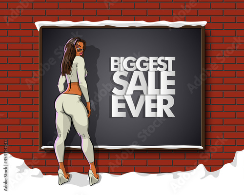 Slim girl on the background "Biggest sale ever" banner. Sexy woman in front of school board banner. Elegant lady on the background sale advertising poster. Advertising discount sale poster