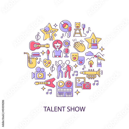 Talent show abstract color concept layout with headline. Demonstrate talent and creativity. Fun and enjoyment. Live show creative idea. Isolated vector filled contour icons for web background