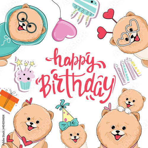 Birthday banner greeting card with funny cartoon spitz dogs, cake and festive decor. Vector illustration. Doodle animals. T-shirt design