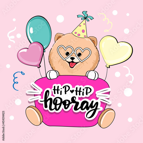 Birthday card with a spitz dog on a raspberry cake with the inscription Hip Hip Hooray. Fashion sticker vector illustration
